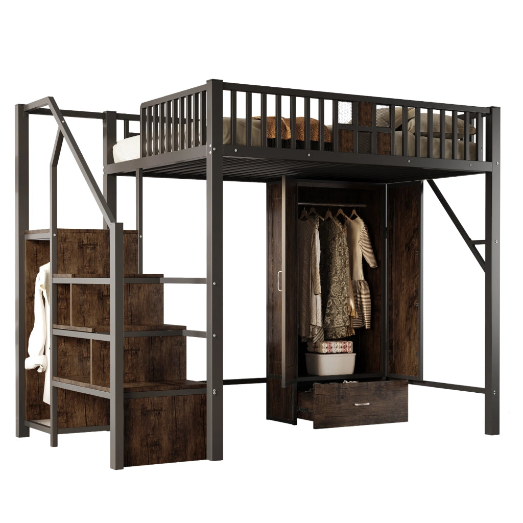 Letto a soppalco per adulti 140x200 cm con armadio; cassetto e scala contenitore; metallo e legno nero