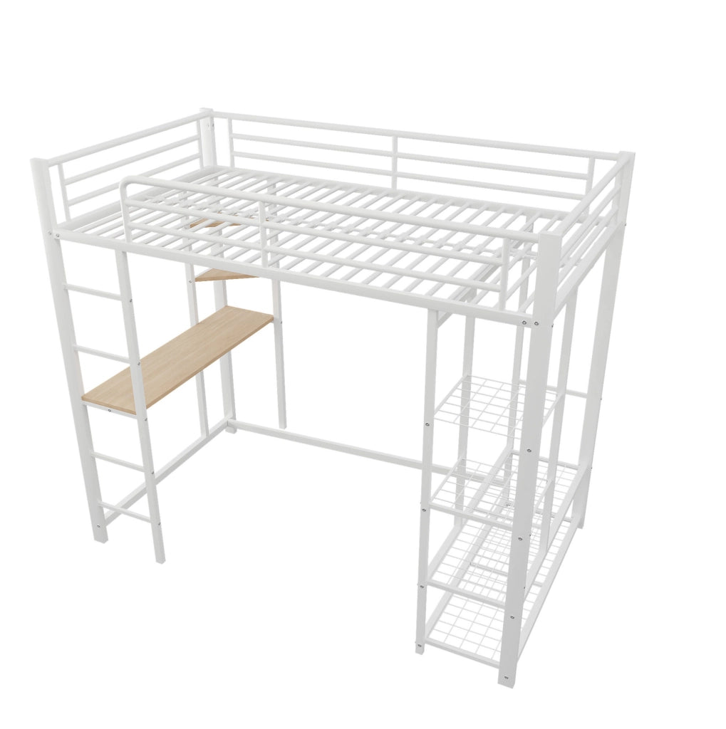 Letto a soppalco 90x200 cm con scrivania, ripiani e appendiabiti bianco