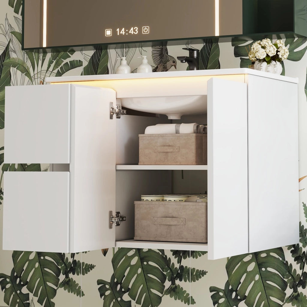 Mobile bagno sospeso 76x47x57 cm bianco in MDF con lavabo e luce LED