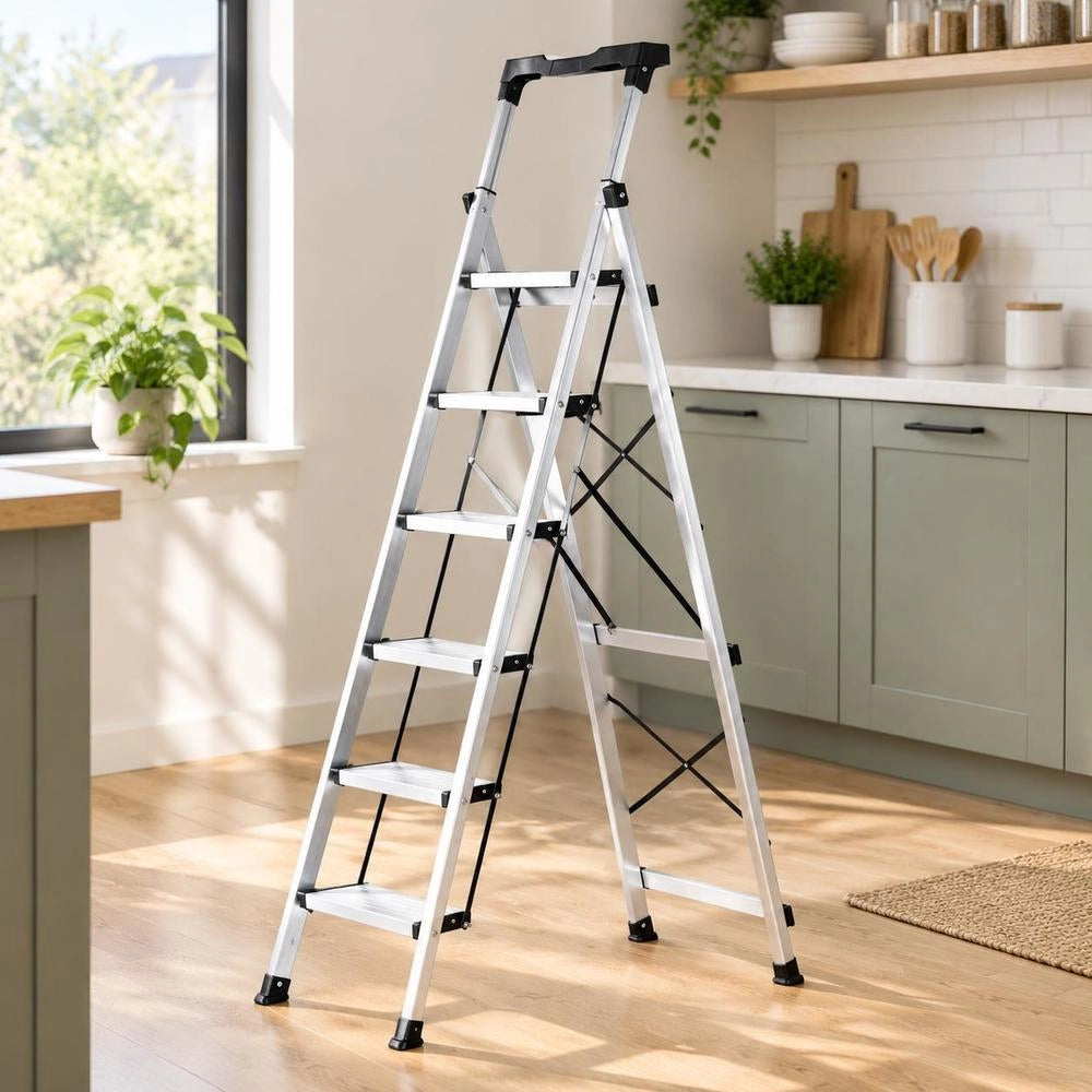 6 Step Ladder, Folding Step Stool With Wide Anti-Slip Pedal And Comfort Handgrip, 330 Lbs Capacity Portable Aluminum Stepladder, Multi-Use For Kitchen, Warehouse, Household And Office, Silver