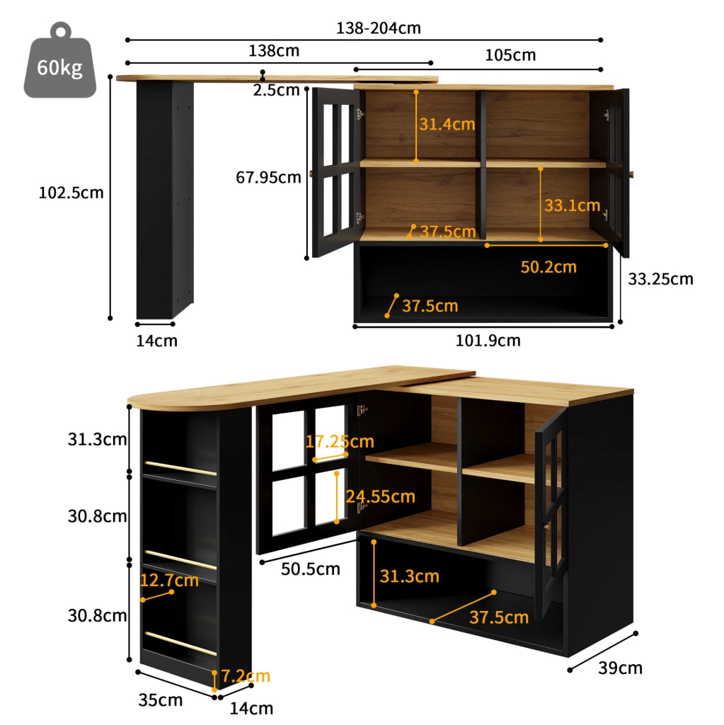 Credenza girevole 360° con ante in vetro temperato, ripiani regolabili e struttura in MDF 138-204 cm