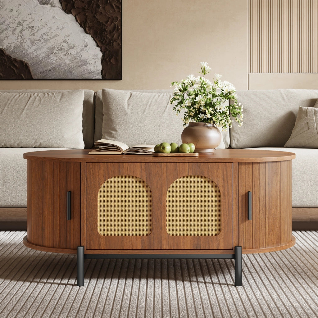 Tavolino basso fisso ovale con ante scorrevoli e anta in rattan MDF color noce con gambe in metallo 100 × 50 × 40 cm