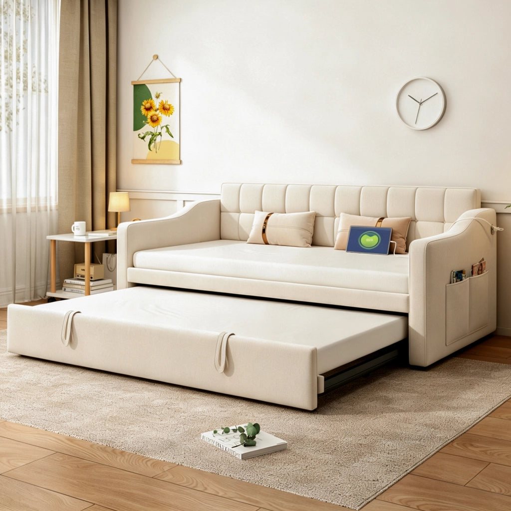 Divano letto singolo 90x190 cm beige in velluto con letto estraibile da 90 a 180 cm