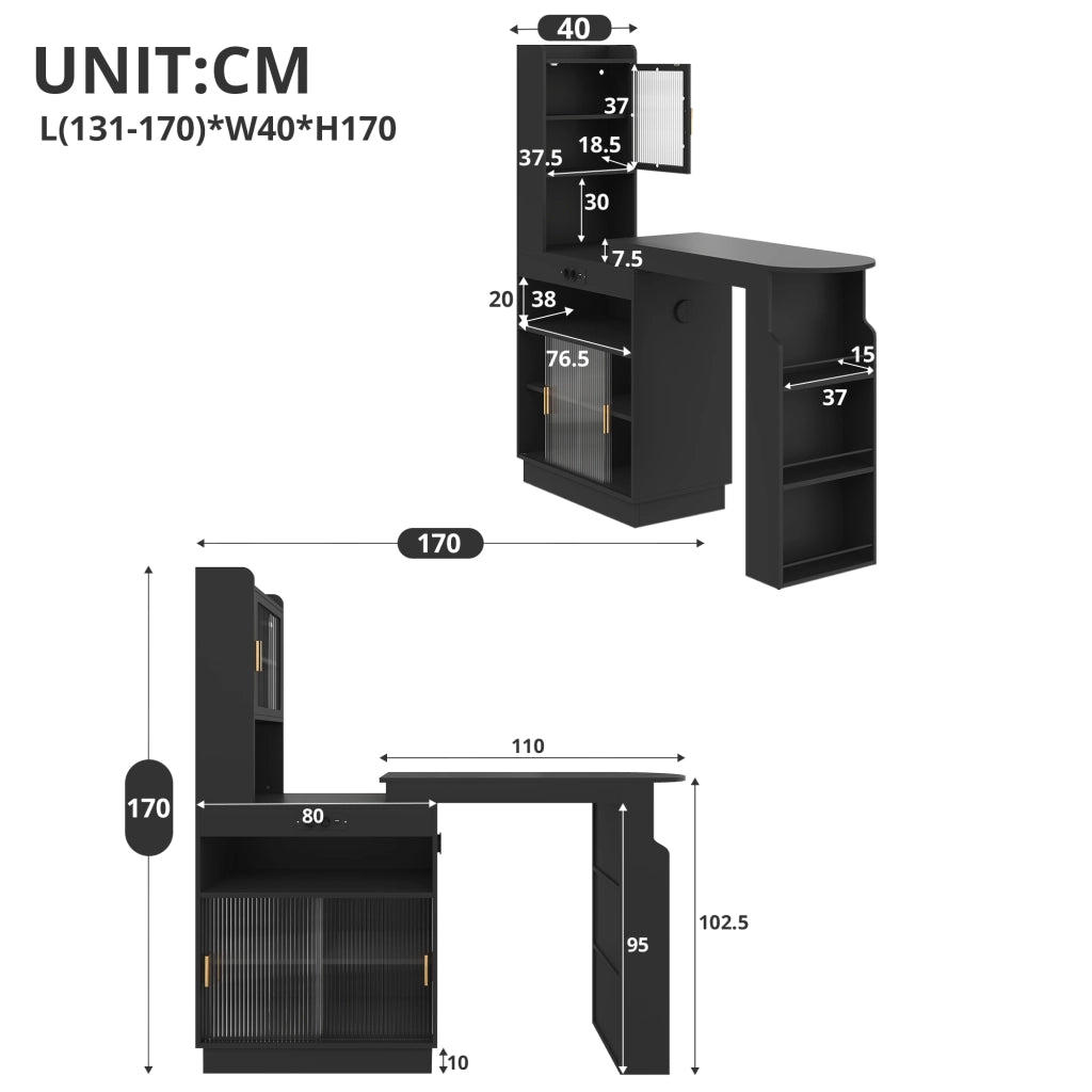 Tavolo alto allungabile con contenitori LED; prese; USB e USB-C in MDF nero 131–170 × 40 × 170 cm