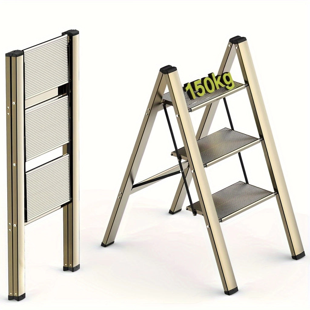 Scala pieghevole in alluminio color oro con gradini antiscivolo e piedini in gomma fino a 150 kg 65 × 45 × 82 cm