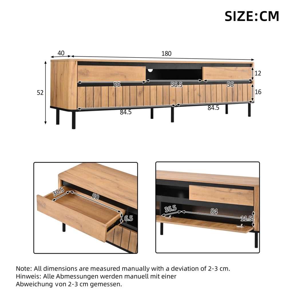 Set soggiorno con credenza 160 x 40 x 73 cm e mobile TV 180 x 40 x 52 cm, finitura naturale con dettagli neri