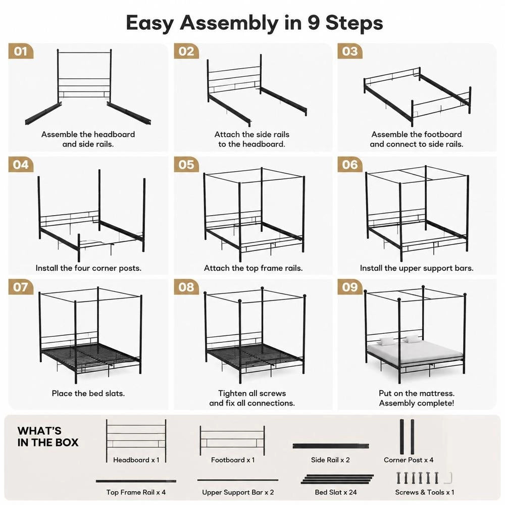 Canopy Bed, Black Metal, 160x200 Cm
