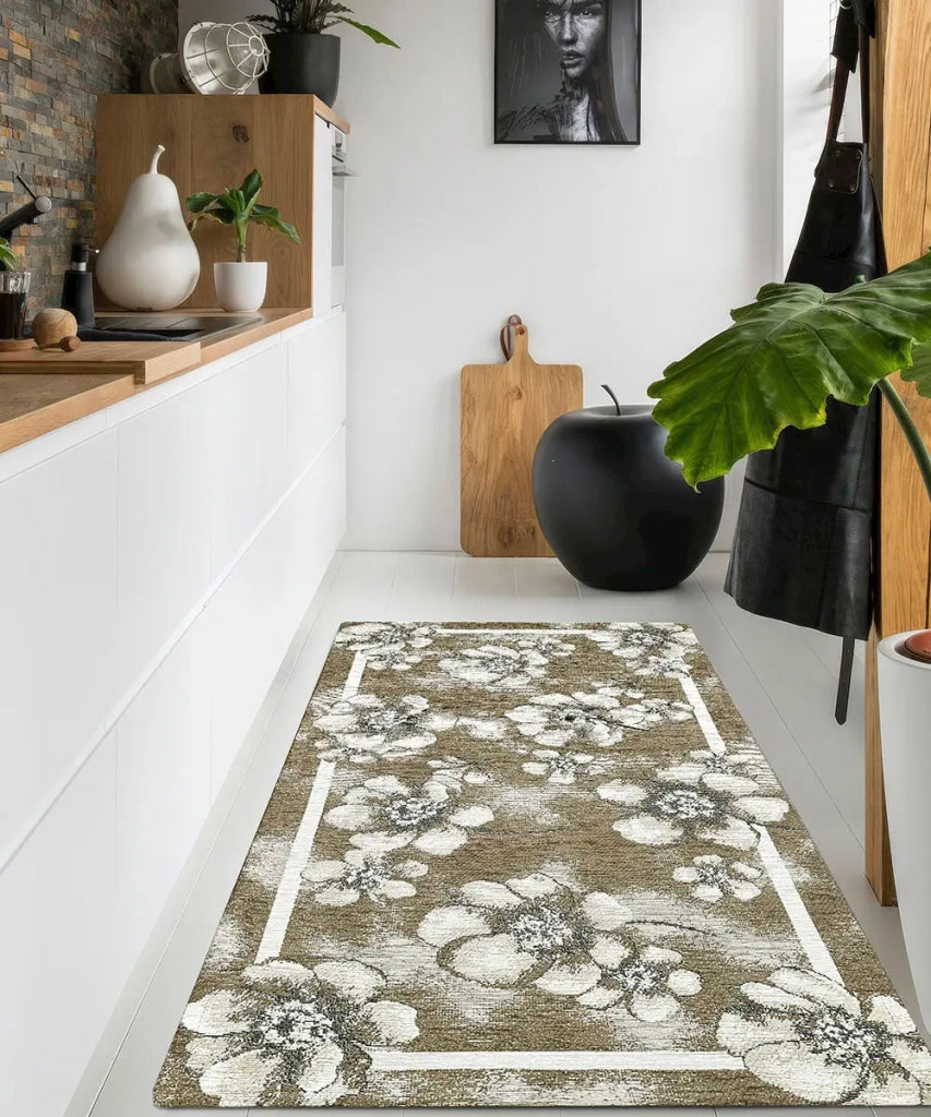 Tappeto moderno EMILY MARRONE FANGO disegno floreale motivo fiorellini, passatoia cucina multiuso lavabile in lavatrice e anti-scivolo cm.55x140