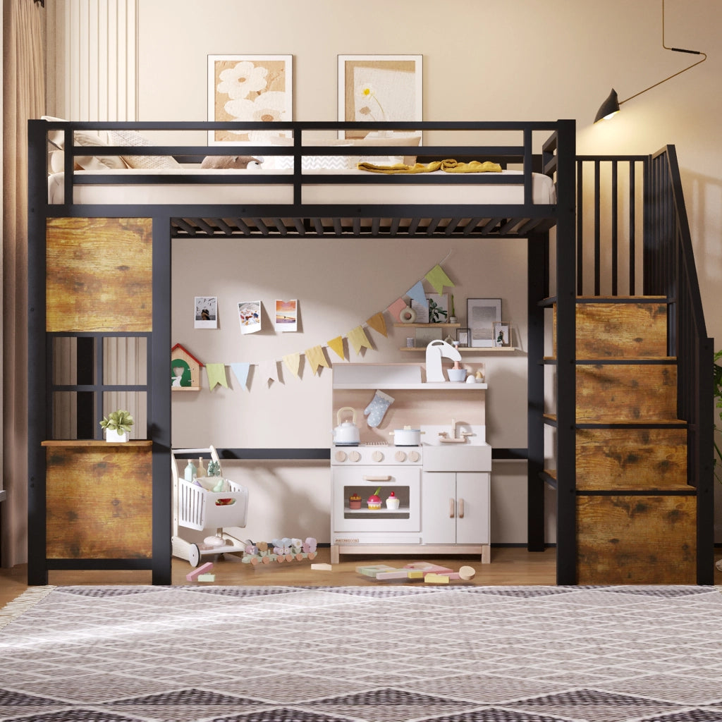 Letto a soppalco 90x200 cm in metallo e MDF; nero; con scala contenitore e spazio giochi