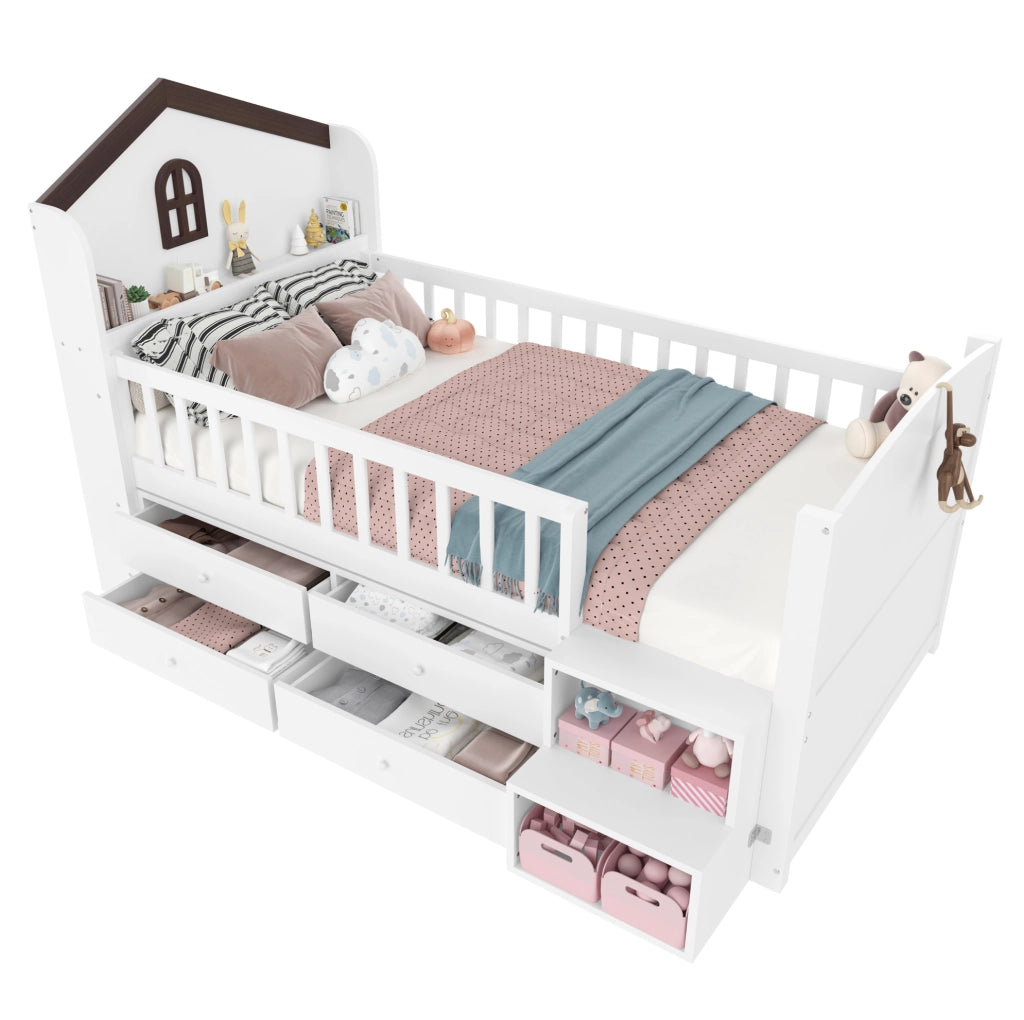 Letto a soppalco per bambini 90x200 cm, con forma casetta, 4 cassetti, LED integrato, scala con ripiani, bianco, senza materasso