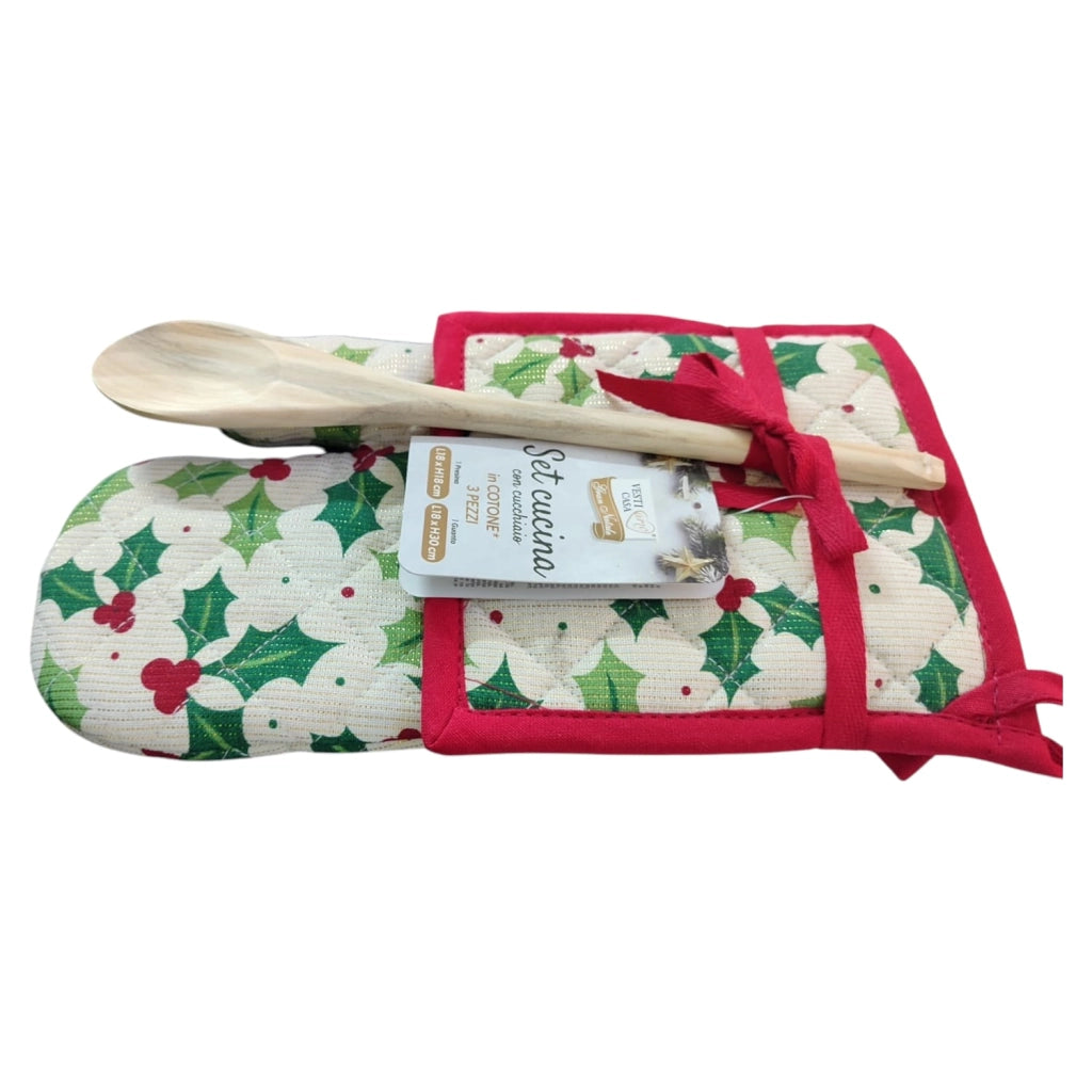 SET CUCINA CON CUCCHIAIO IN COTONE 3 PEZZI