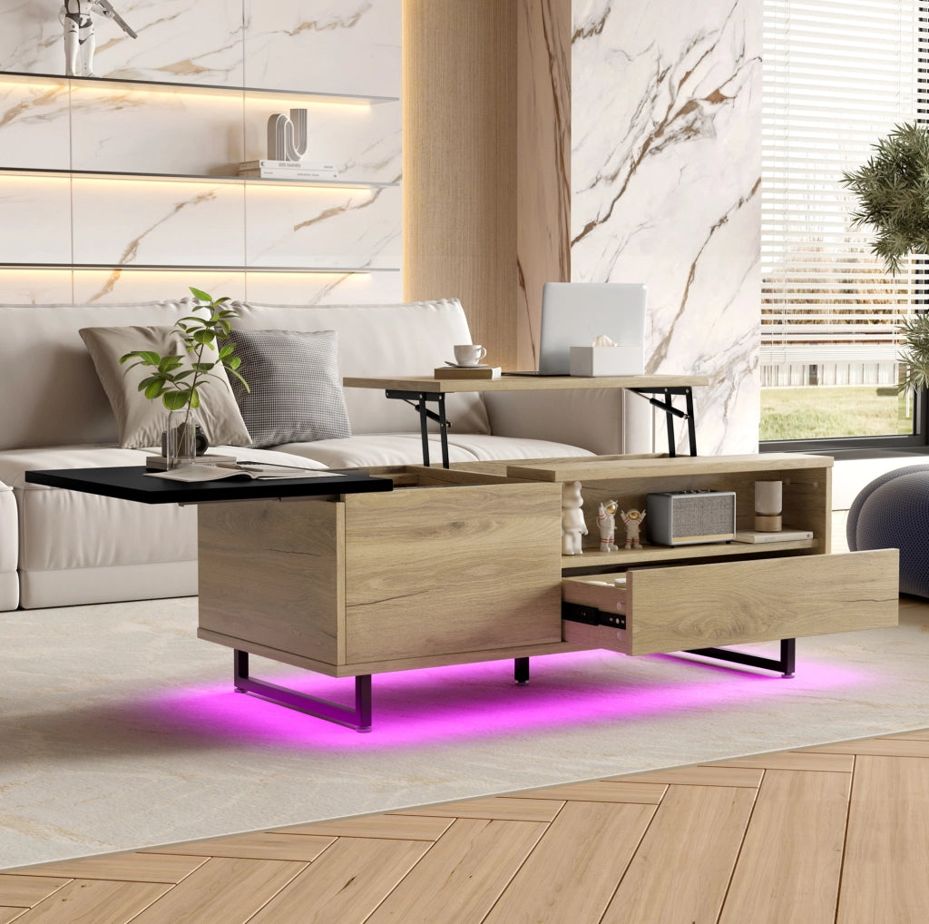 Tavolino da soggiorno multifunzionale con piano regolabile in altezza, LED integrato e ampio spazio contenitivo, struttura in metallo, finitura legno e nero, 103,5x50x27,5 cm