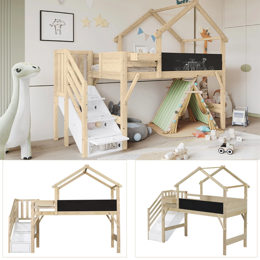 Letto a castello per bambini 90 × 200 cm con scala contenitore lavagna e tetto in legno bianco e naturale