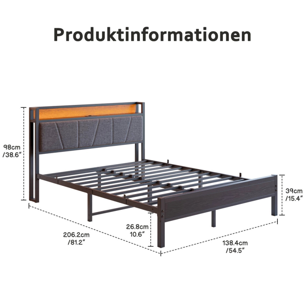 Letto matrimoniale a piattaforma 140 × 200 cm con LED testiera con vano MDF e metallo nero USB e presa