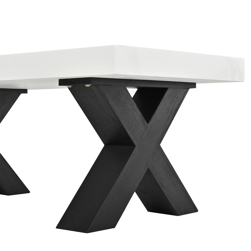 Tavolino basso fisso rettangolare con piano lucido e gambe a X in MDF bianco e nero 100 × 50 × 40 cm