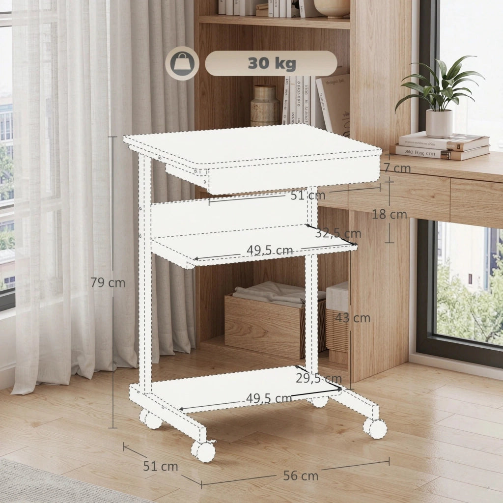 Scrivania per computer con ruote, scrivania 56 x 51 cm con stoccaggio, cassetto, scomparto e supporto CPU per ufficio e home office (solo scrivania per computer)