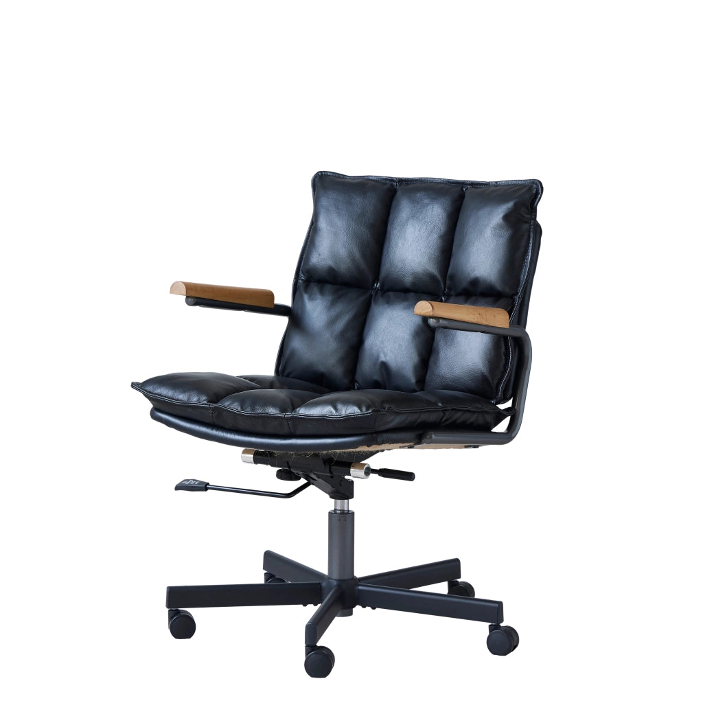 Sedia da ufficio in pelle con braccioli in legno, base girevole a 360° e ruote silenziose, struttura in metallo, colore nero