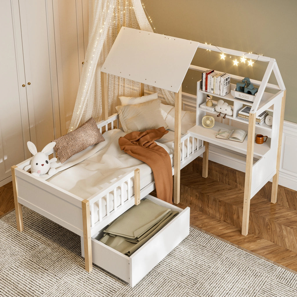 Letto a casetta 90x200 cm con scrivania e libreria in bianco
