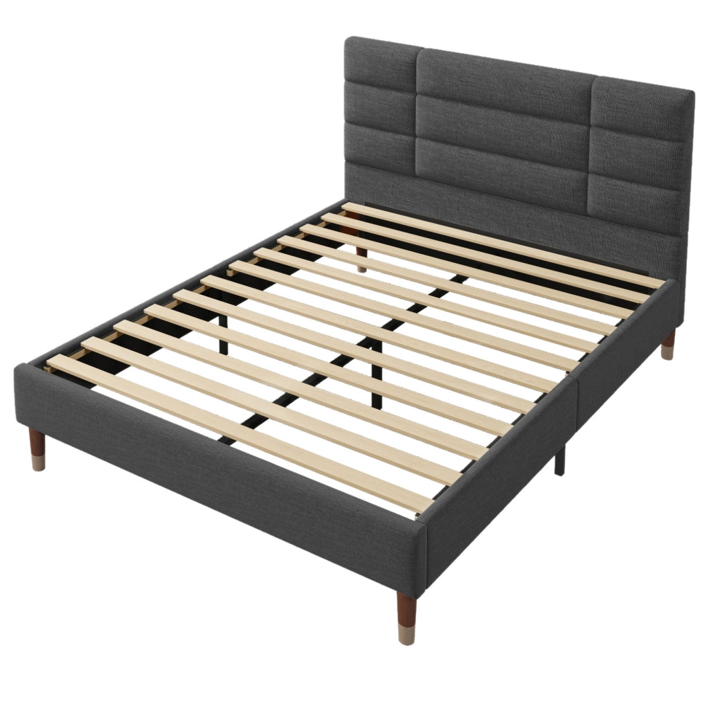 Letto matrimoniale 140x200 cm in lino grigio con rete a doghe e spazio contenitore