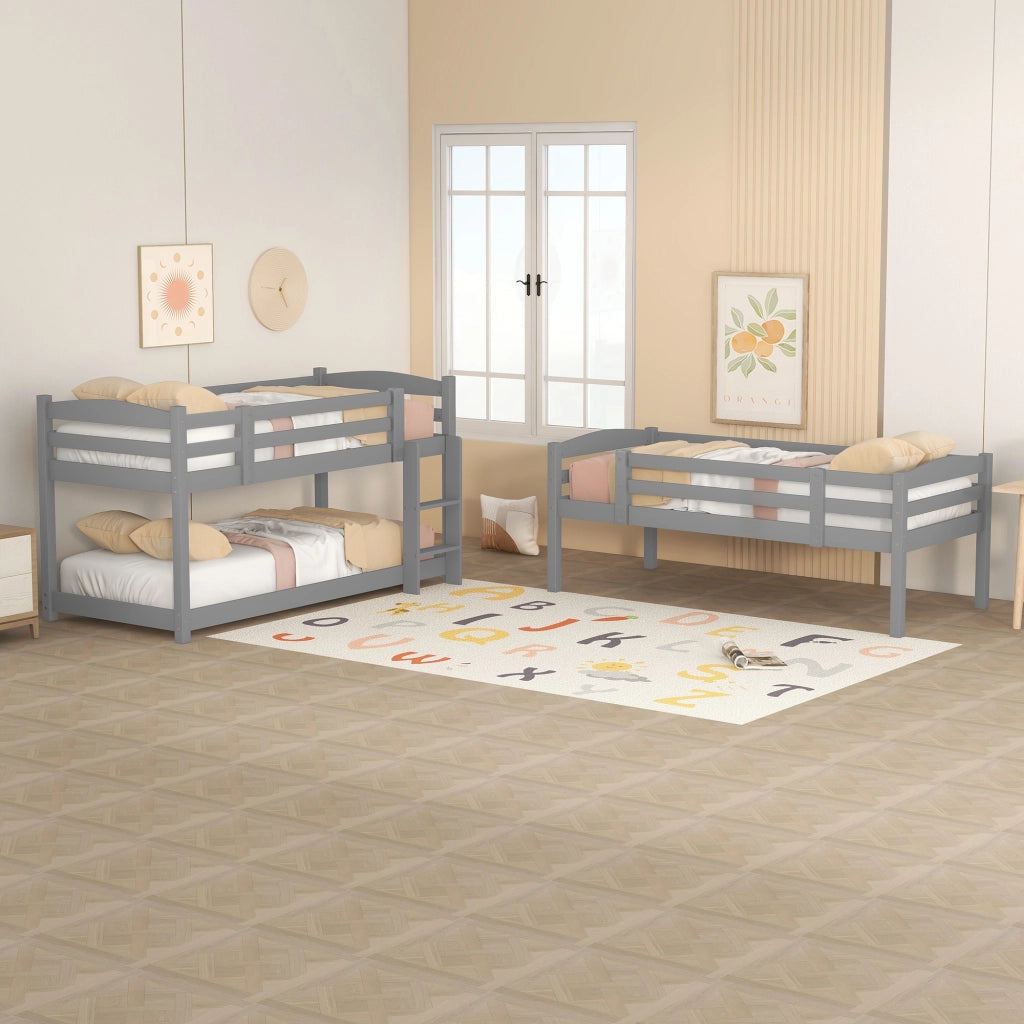 Letto a castello triplo per bambini 90x200 cm in pino e MDF; grigio; trasformabile