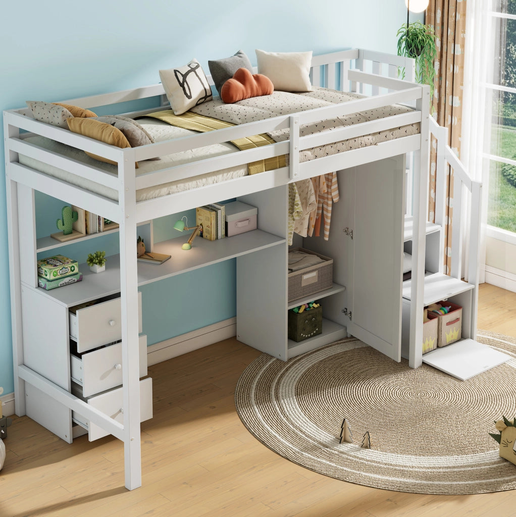 Letto a soppalco per bambini 90x200 cm bianco in MDF e legno con lavagna e contenitore， senza materasso