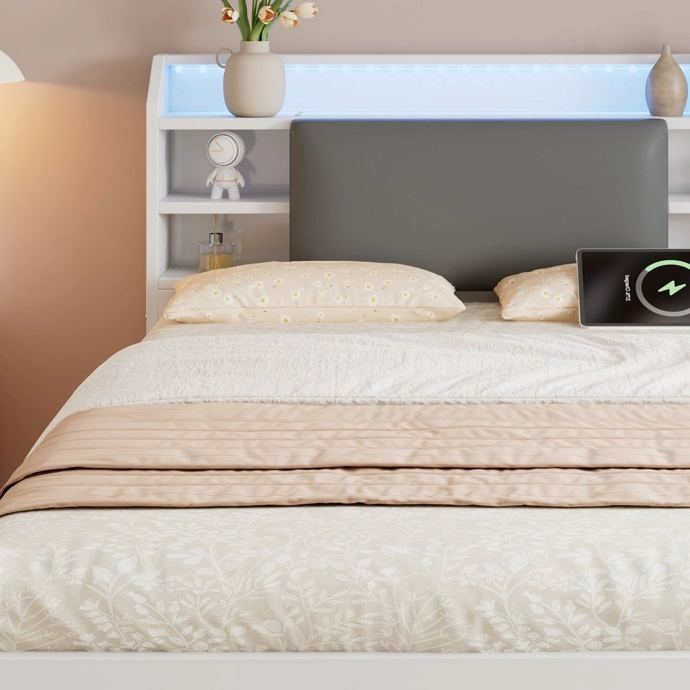 Letto in legno con letto estraibile e testiera imbottita LED ¨C Minimal ¨C Bianco 120x200 cm, letto estraibile 90x190 cm
