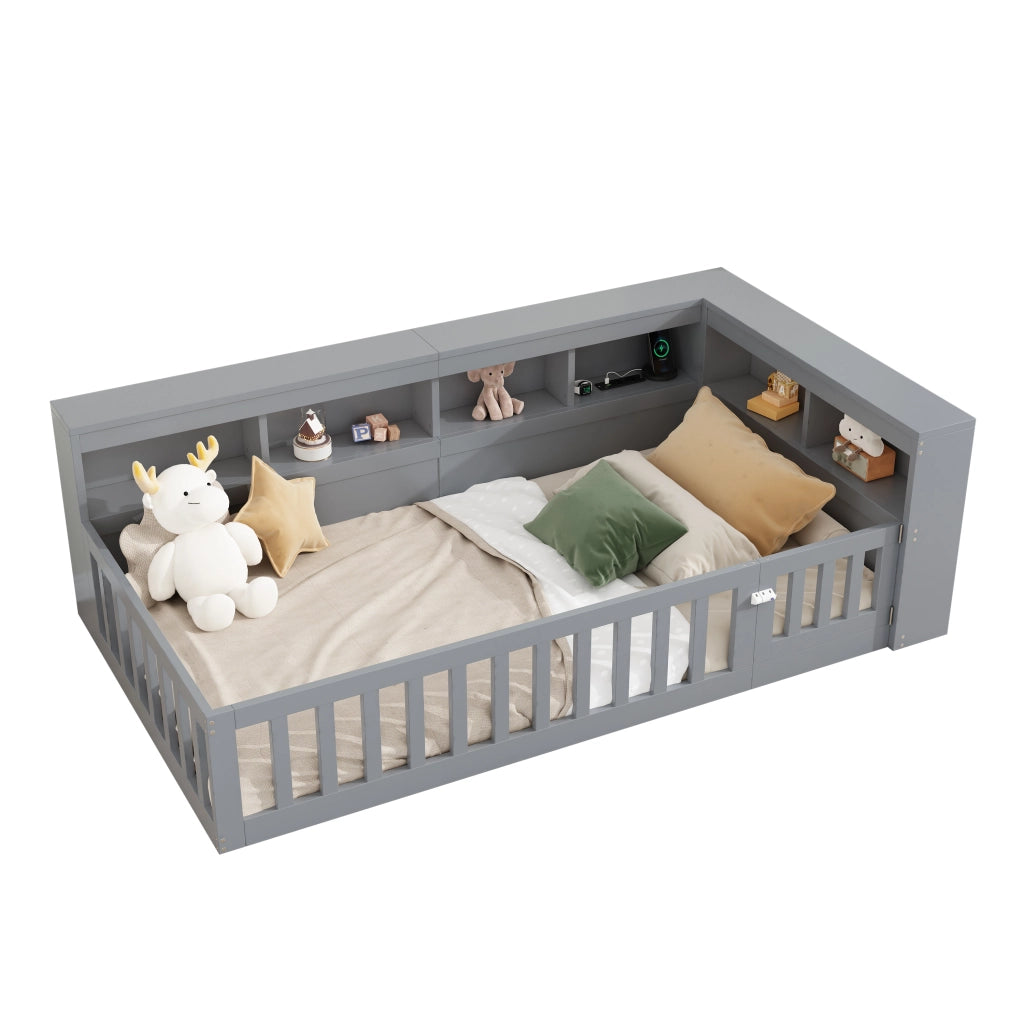 Letto divano singolo 90 × 200 cm con vano laterale; presa e USB; senza materasso; in pannelli grigio