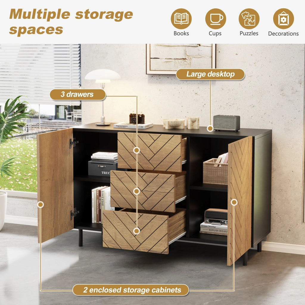 Madia soggiorno 3 cassetti e 2 ante in pannello truciolare effetto legno naturale e nero 120 × 40 × 76 cm
