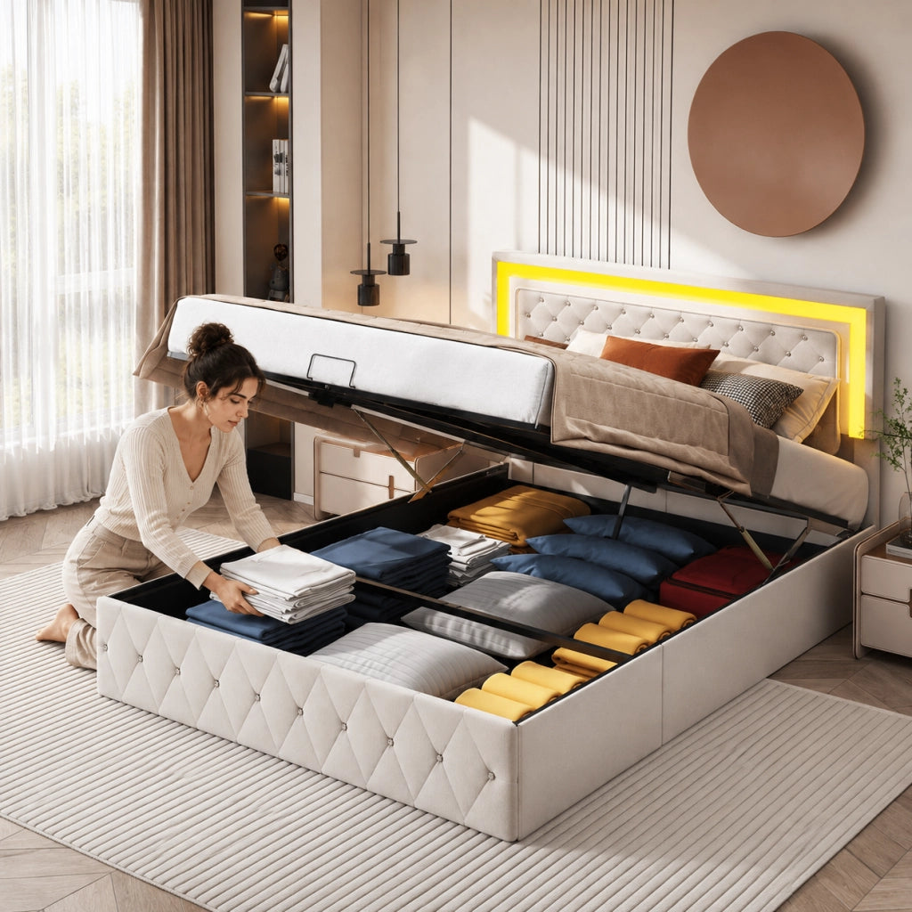 Letto matrimoniale 160x200cm velluto beige, LED RGB telecomandato, vano contenitivo idraulico