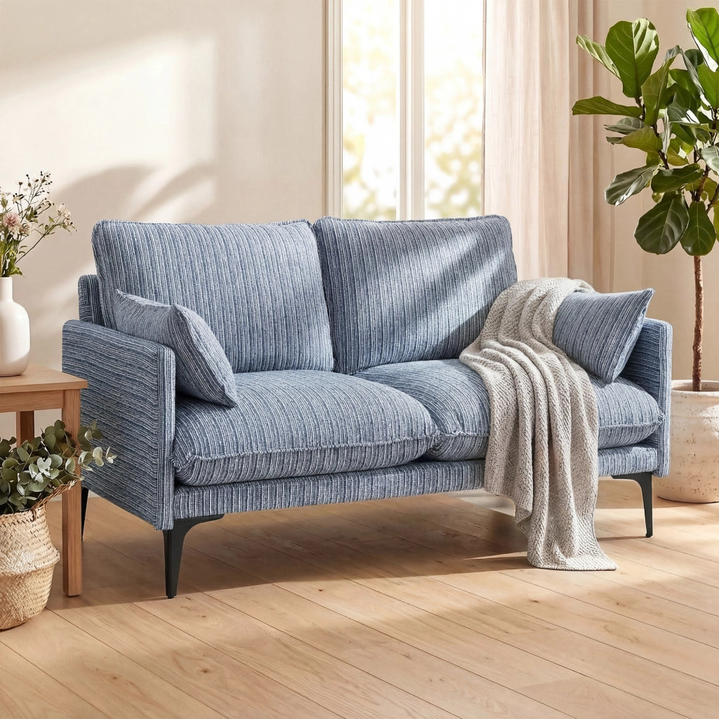 Divano 2 Posti 131x78x83 cm con Braccioli Imbottitura Spessa e 2 Cuscini in Tessuto Blu