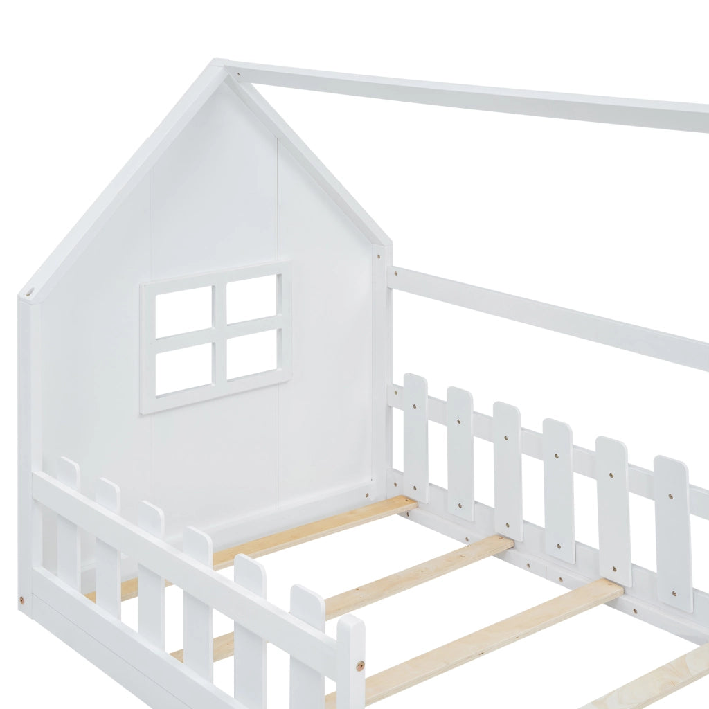 Letto a casetta 90 × 200 cm per bambini con rete a doghe in legno di pino e MDF bianco struttura bassa