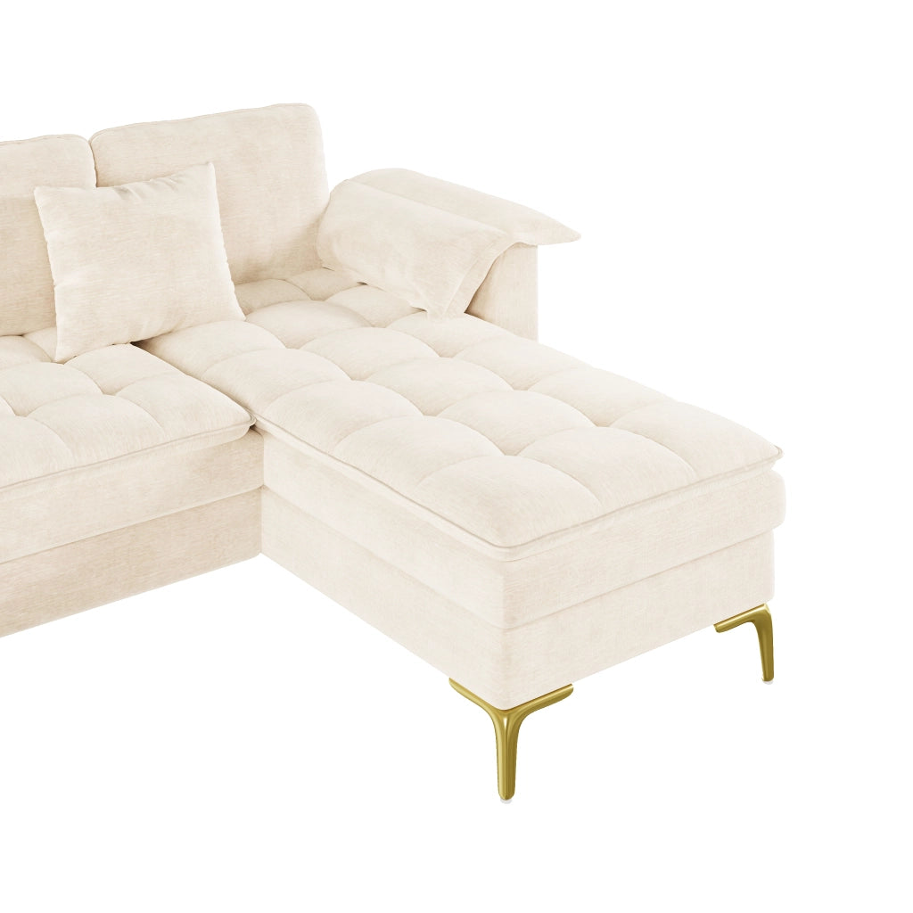 Divano angolare a U modulare 4 posti in ciniglia beige con 2 chaise longue