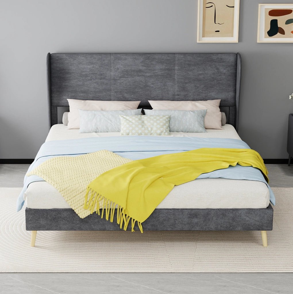 Letto Imbottito Moderno 160x200 cm con Testiera Morbida in Velluto Grigio, Base Bassa Senza Contenitore