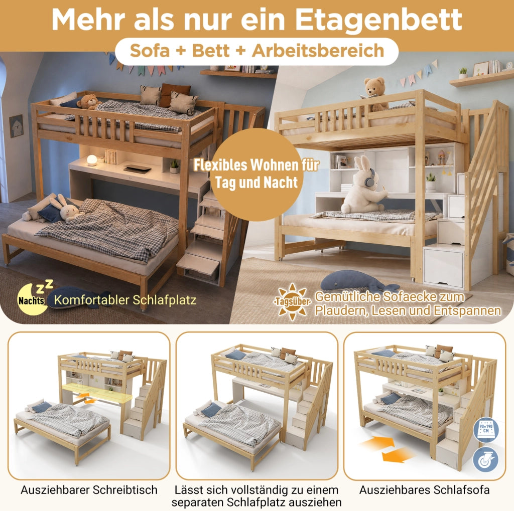 LETTO a Castello 90x200 e 90x190 cm Legno Bianco e Rovere
