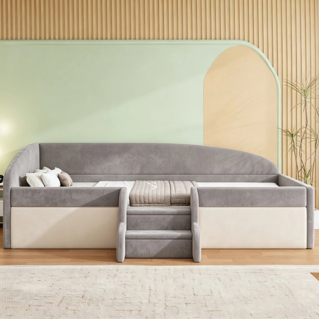 Letto imbottito per bambini 90x190 cm in tessuto vellutato anallergico con scale antiscivolo e protezioni laterali grigio