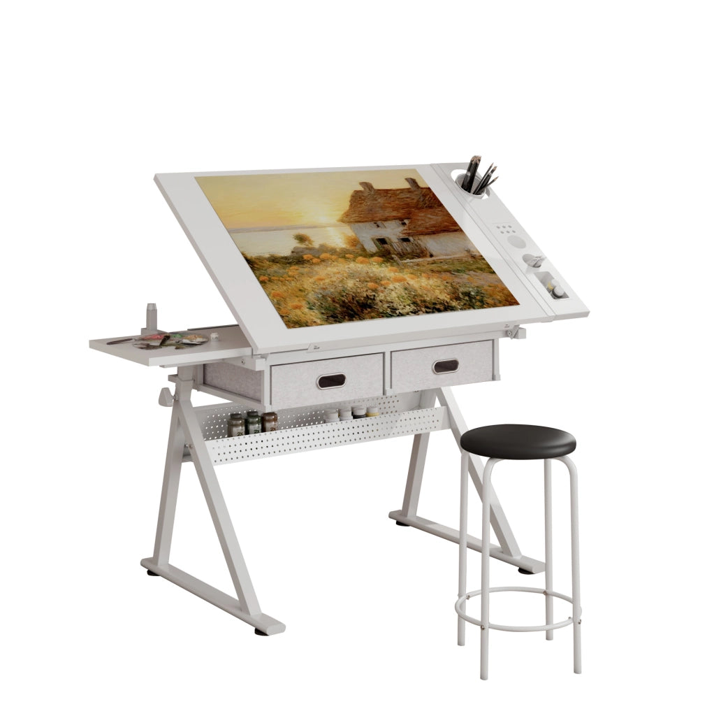 Scrivania da disegno regolabile con 2 cassetti e sgabello bianco per casa, ufficio e scuola