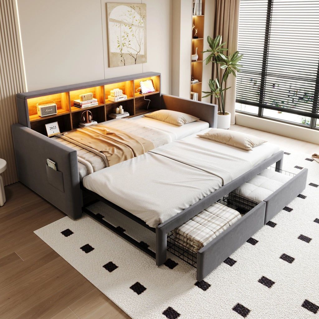 Letto divano 90×190 cm estensibile 180×190 cm con 2 cassetti; LED; USB e presa di tipo C; senza materasso; grigio