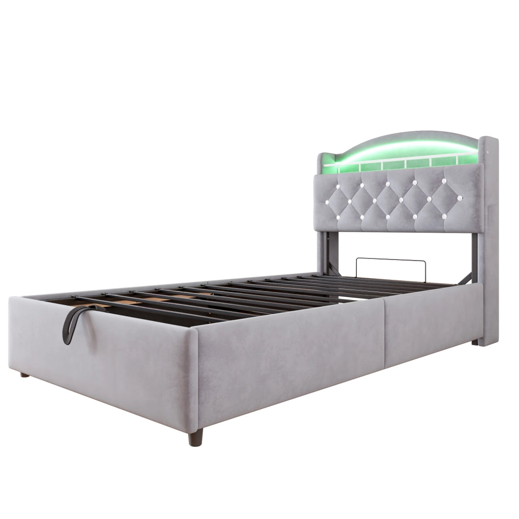 Letto imbottito per bambini 90x200; contenitore con LED e prese USB; velluto grigio
