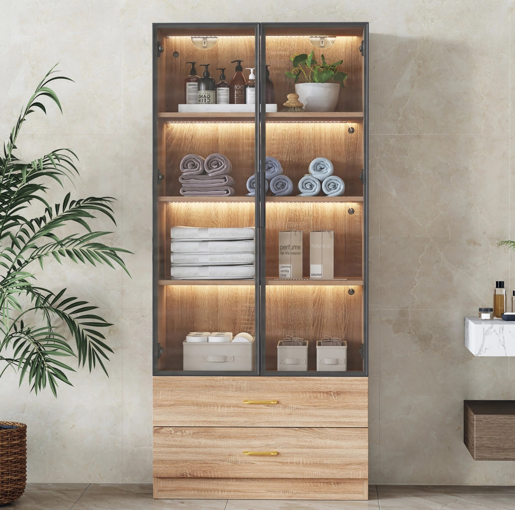Mobile da bagno alto con ripiani aperti e ante in vetro temperato