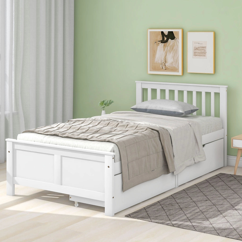 Letto singolo 90 × 200 cm con cassetti in legno bianco con testiera a griglia e rete a doghe