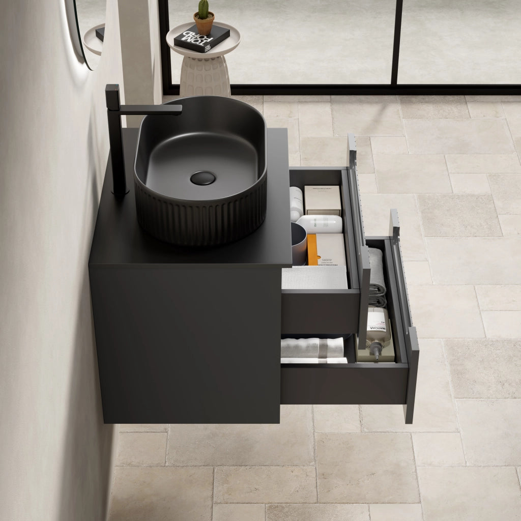 Mobile lavabo sospeso 60 cm, nero con lavandino ovale e piano in pietra sinterizzata, mobile in compensato striato con 2 cassetti, grigio scuro, preassemblato