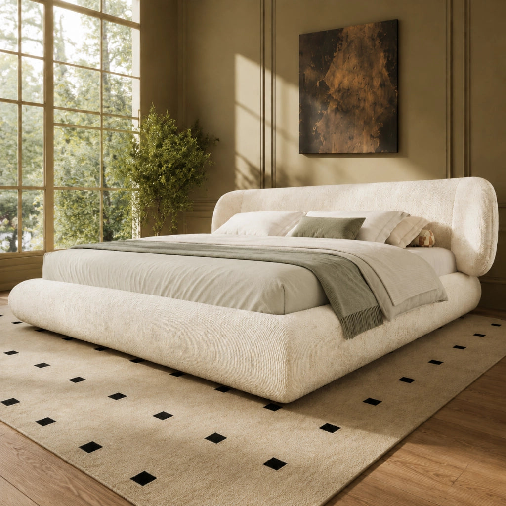Letto imbottito 140x190 cm con testiera e doghe in ciniglia beige