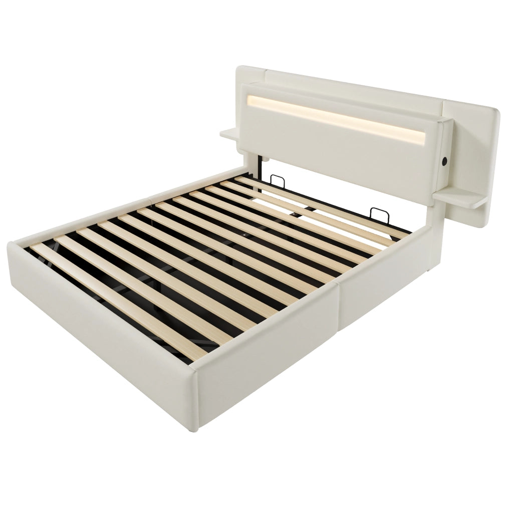 Letto con contenitore 140 × 200 cm imbottito con rivestimento in lino LED multicolore comodino integrato USB beige
