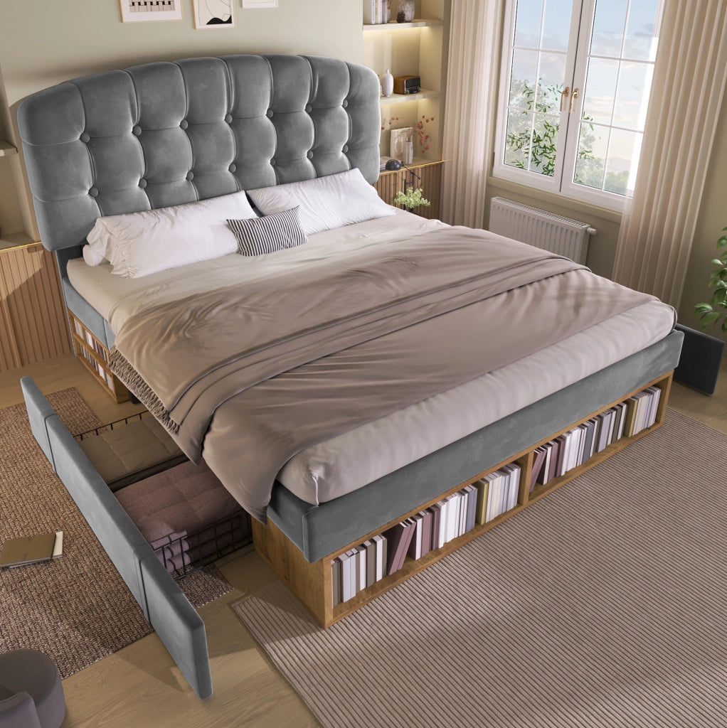 Letto matrimoniale 140x200 cm in velluto grigio con cassetti e testiera regolabile HOMVRA