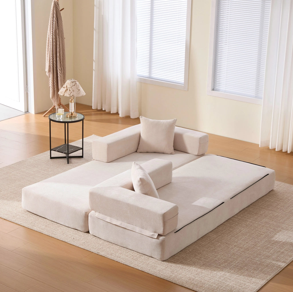 Divano modulare in chenille con tasche laterali e base antiscivolo, 198x79x60 cm, colore soffice