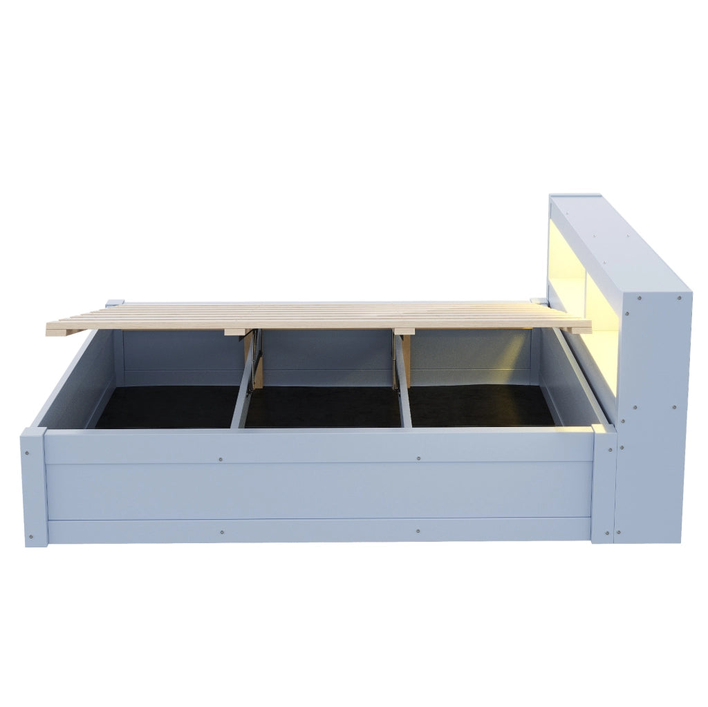 Letto singolo multifunzionale 90x200 cm in legno massello con contenitore idraulico, strisce LED colorate e presa elettrica integrata, grigio