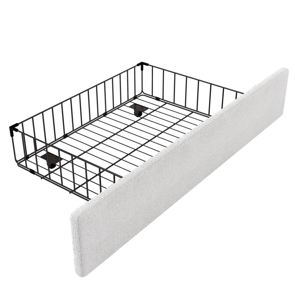 Letto per bambini 90×200 cm con 2 cassetti e testiera a coniglio imbottita; senza materasso; bianco