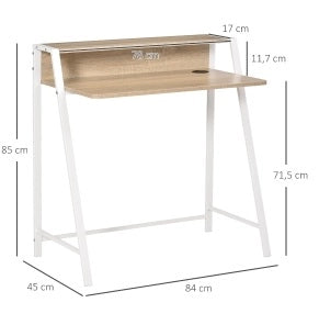 Scrivania moderna in metallo bianco con piano in MDF rovere 84x45x85 cm con vano portaoggetti e passacavi per home office
