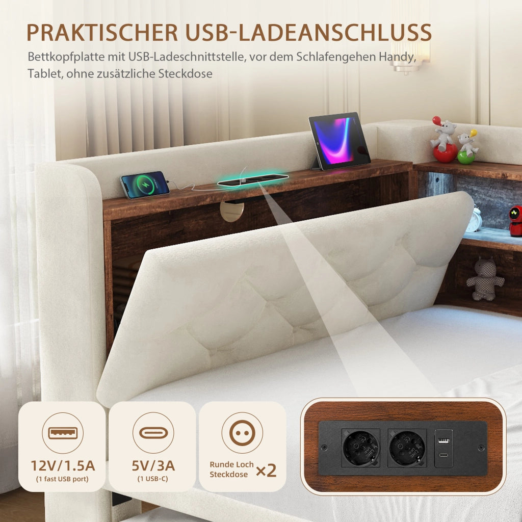 Divano letto estraibile 90 × 190 cm con bracciolo contenitore; LED; USB e Type-C; velluto beige; rete a doghe