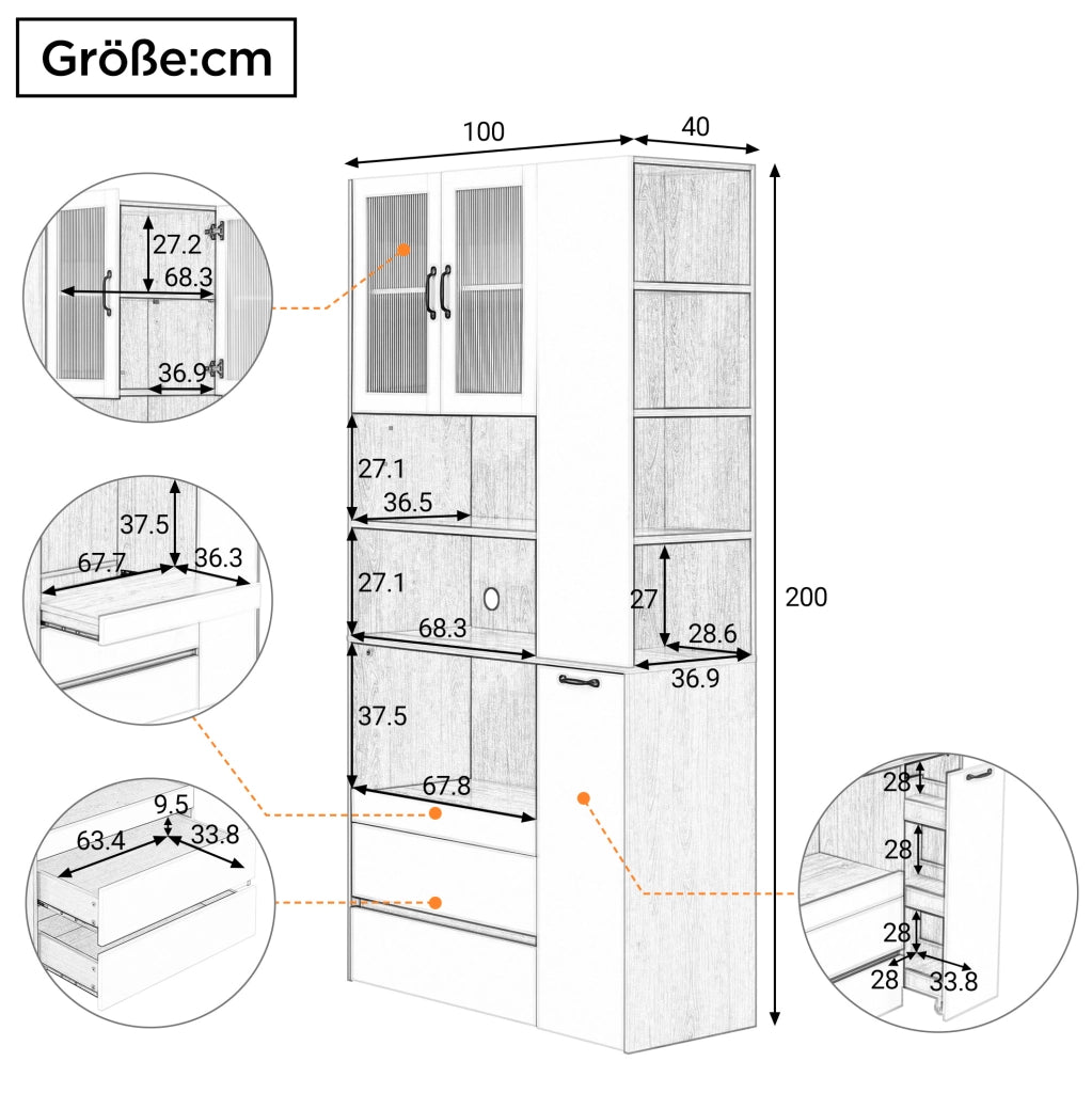 Highboard in MDF Weiß und Nussbaum mit verstellbaren Regalböden, Schubladen und Riffelglas, 100x40x200 cm, ideal für Esszimmer und Küche